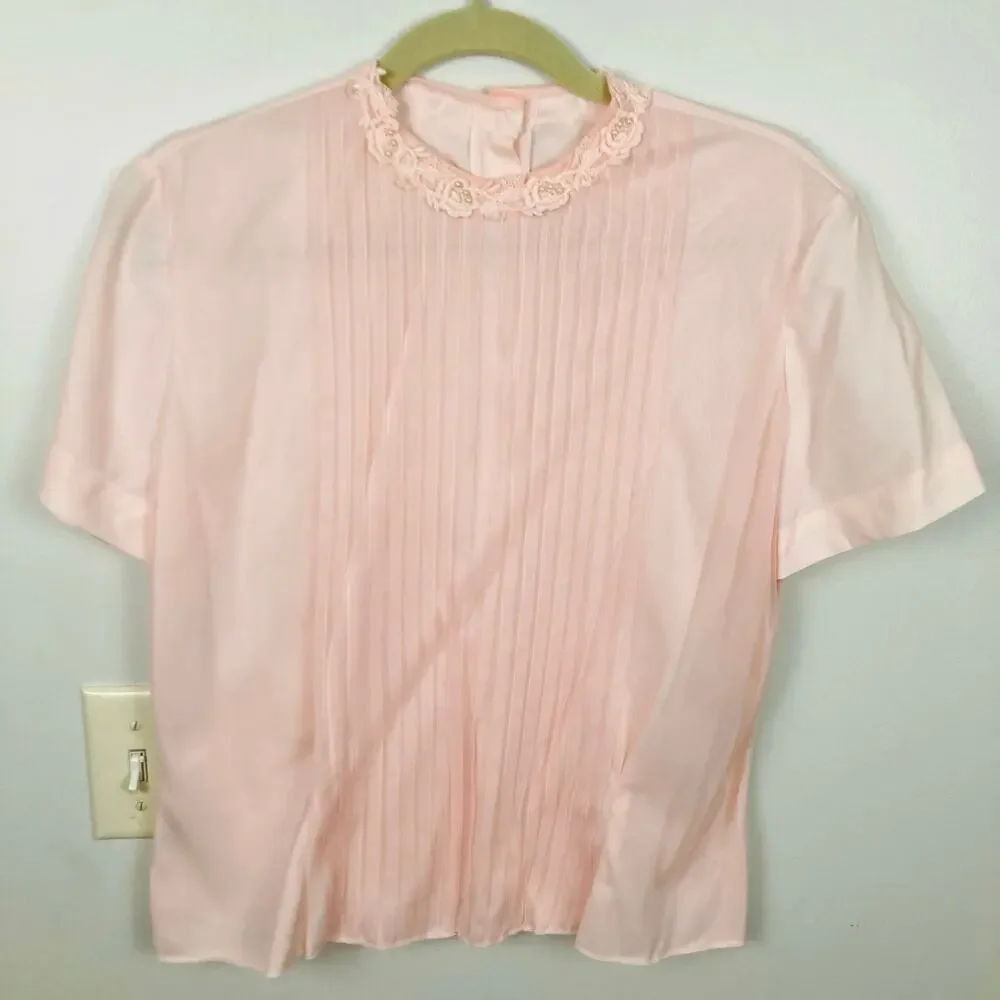 VTG Pink Pleated Sheer Button Back Blouse Size M Rosette Beaded Collar Victorian